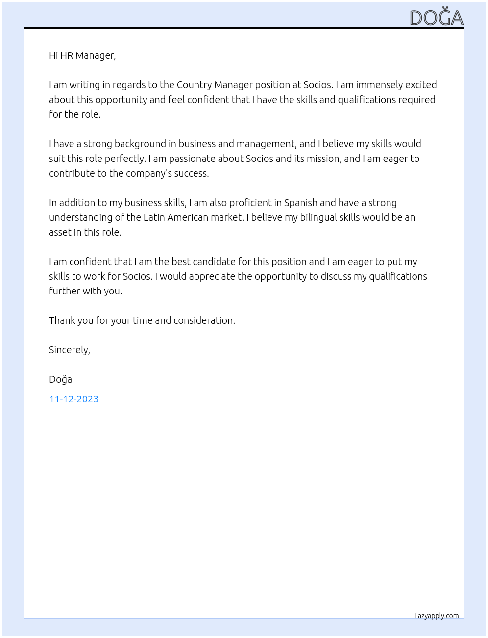 Country manager At Socios Cover Letter