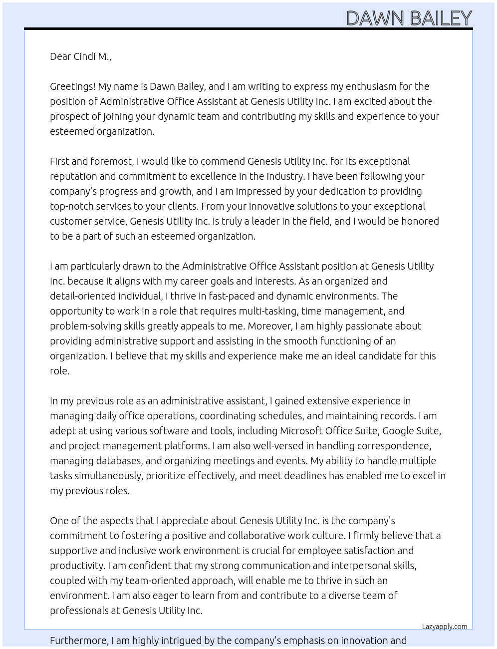 Administrative Office Assistant At Genesis Utility  Inc. Cover Letter