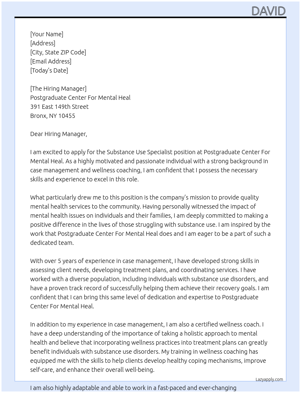 Substance Use Specialist At Postgraduate Center For Mental Heal 391 East 149th Street, Bronx, NY 10455 Cover Letter