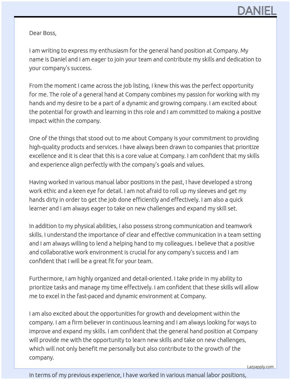 general hand At Company Cover Letter