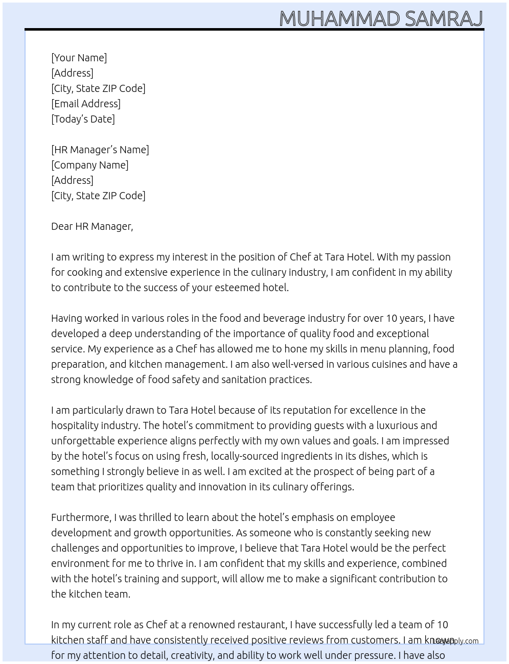 Chef At Tara Hotel Cover Letter