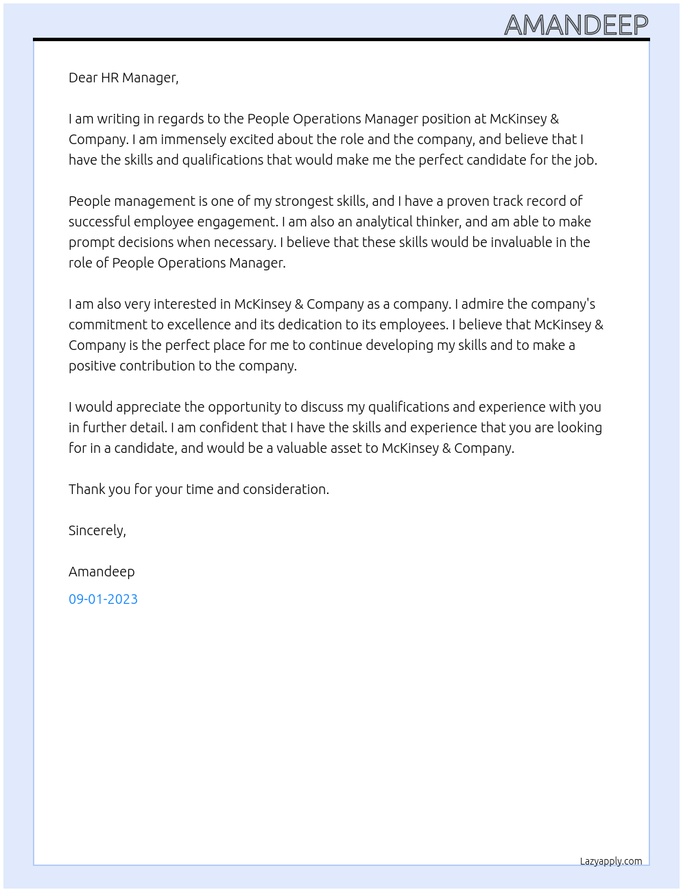 People operations manager  At McKinsey & company  Cover Letter