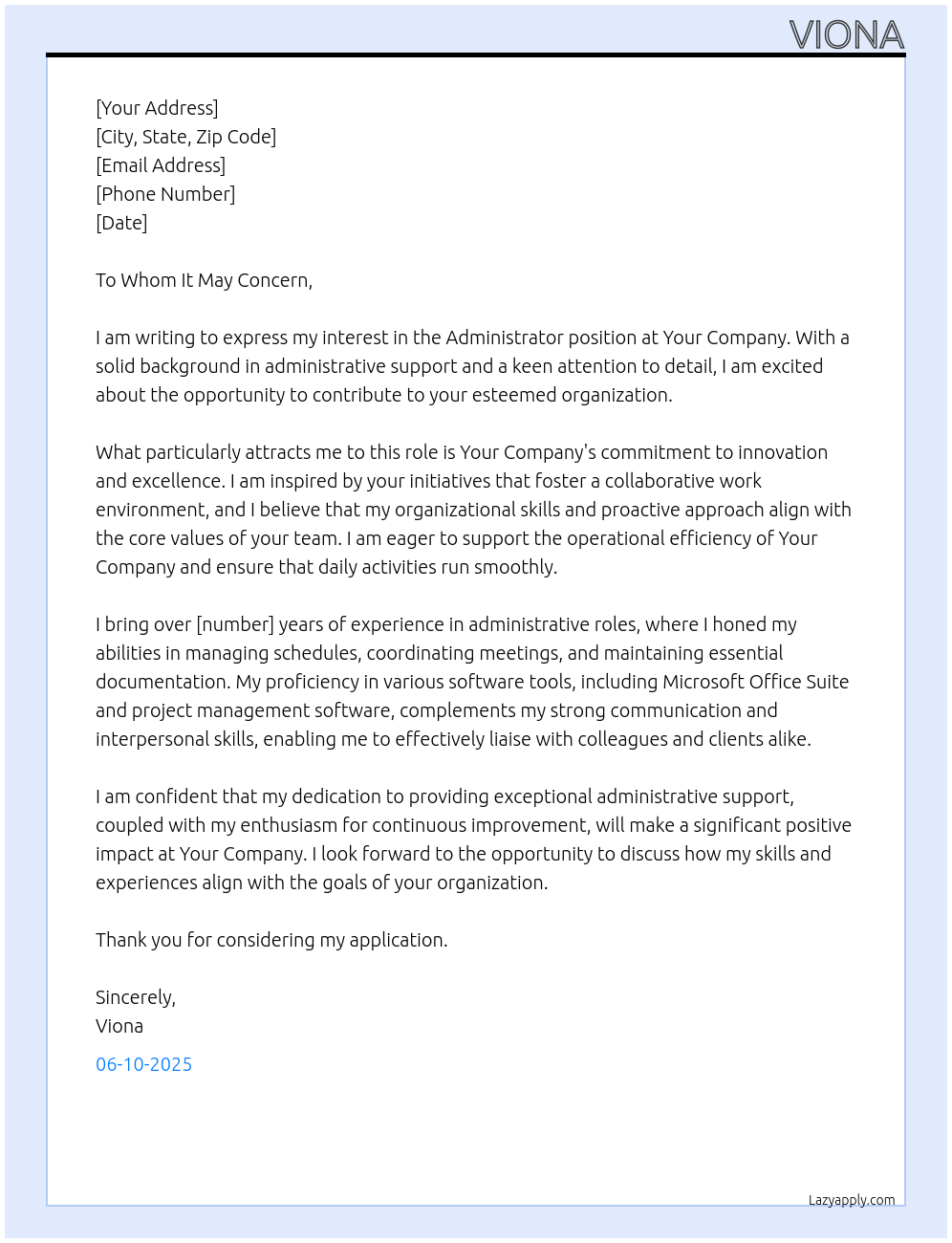 Administrator At Your company Cover Letter