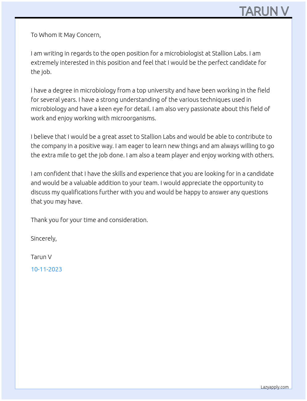 Microbiologist At Stallion Labs Cover Letter