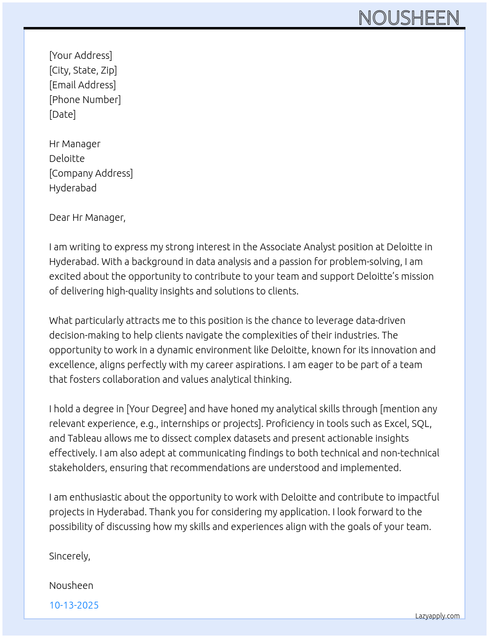 Associate analyst At Deloitte Cover Letter