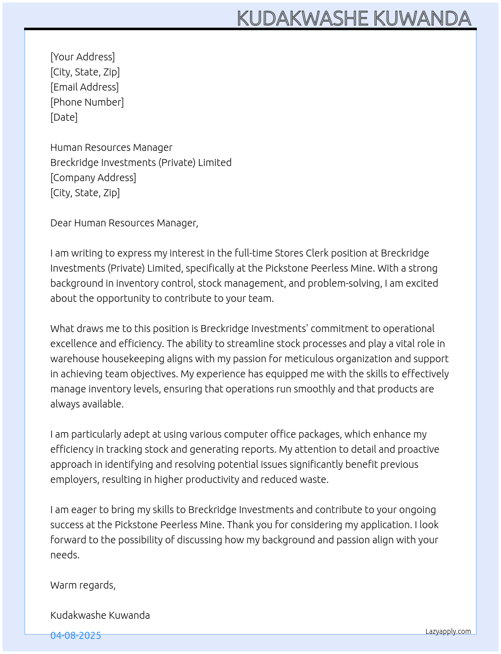 Stores Clerk At Breckridge Investments (Private) Limited Cover Letter