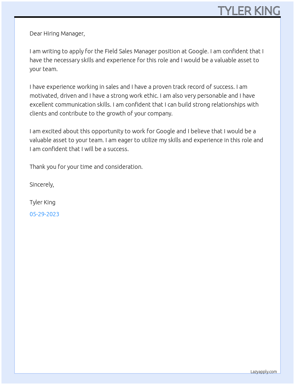 Field Sales Manager  At Google  Cover Letter