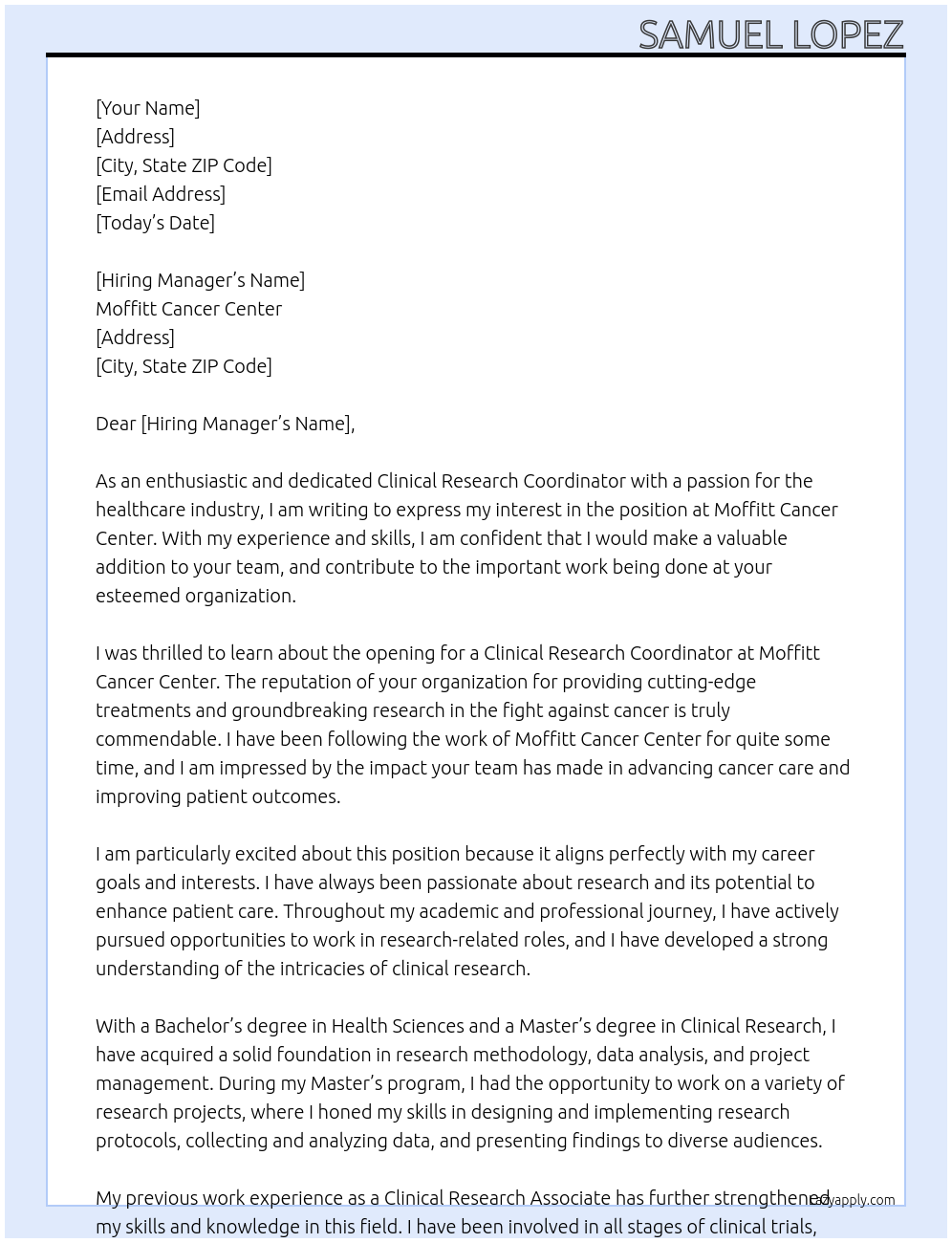 Clinical Research Coordinator At Moffitt Cancer Center Cover Letter