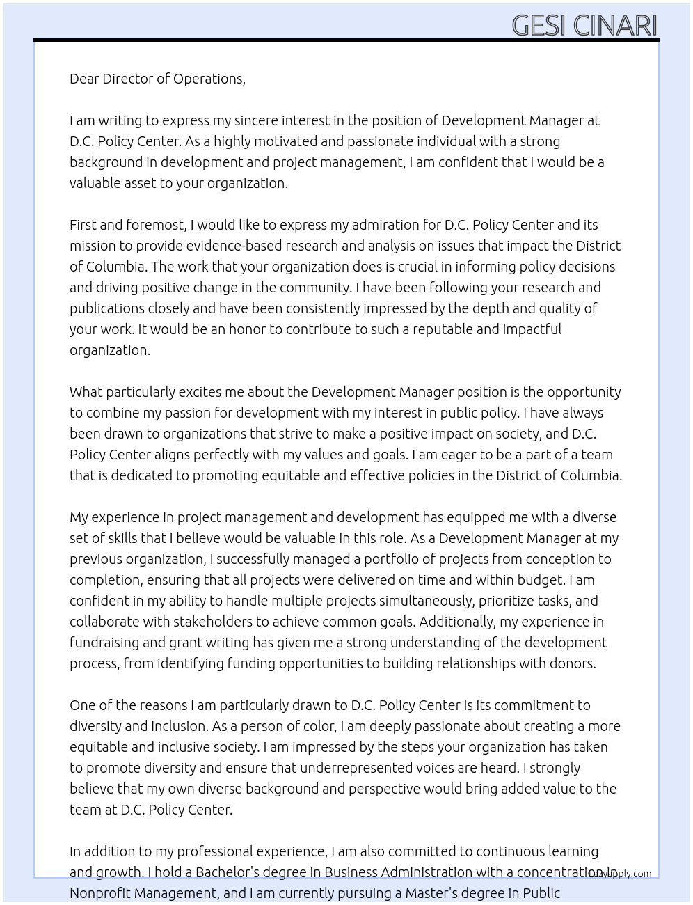Development Manager At D.C. Policy Center Cover Letter