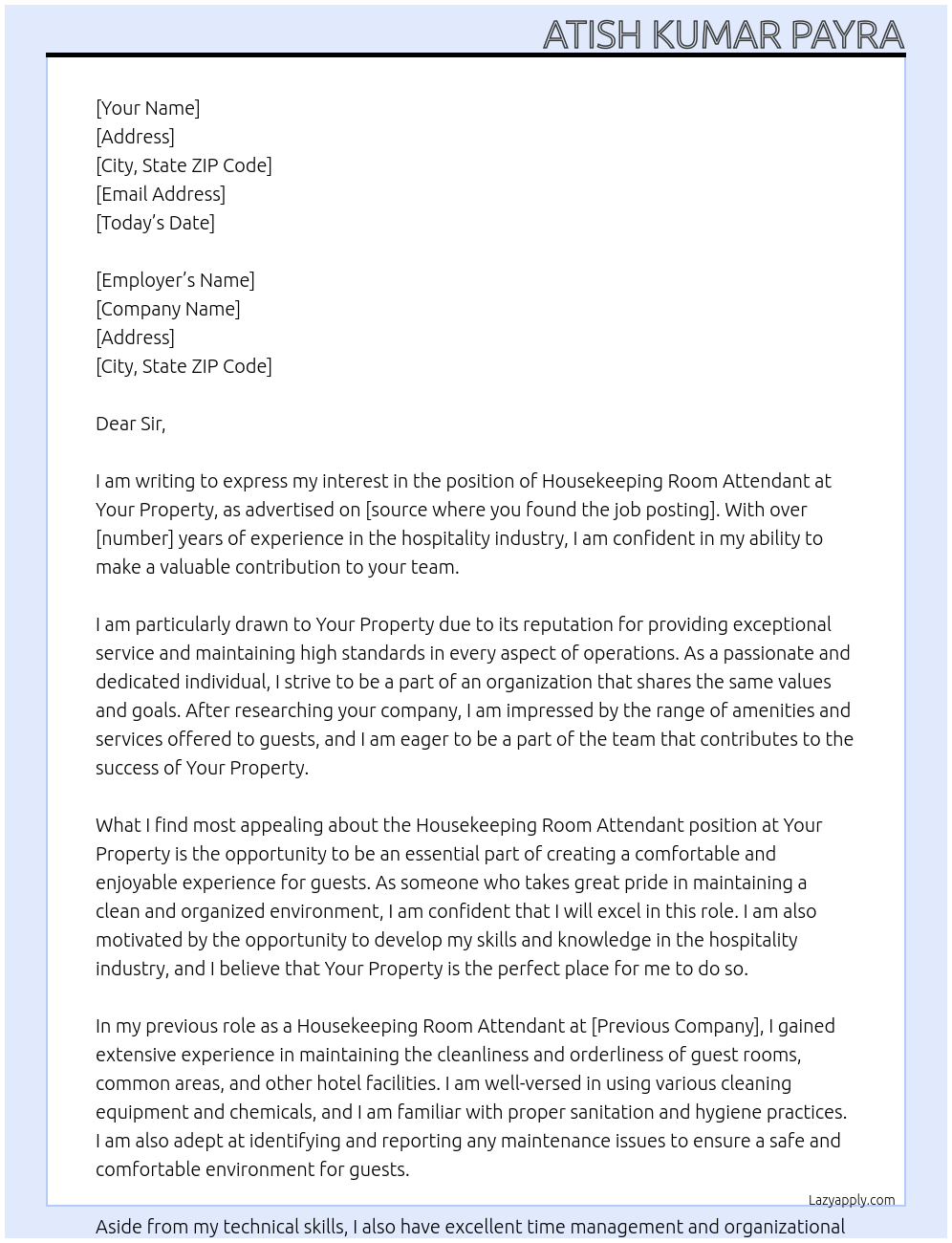 Housekeeping Room Attendant  At Your Property  Cover Letter