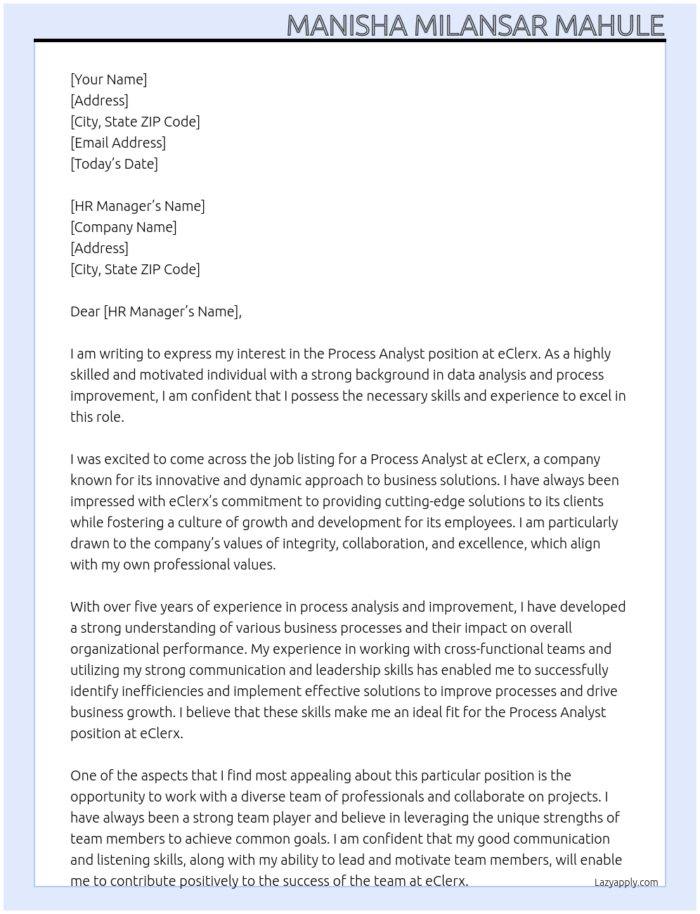 Process Analyst At eClerx Cover Letter