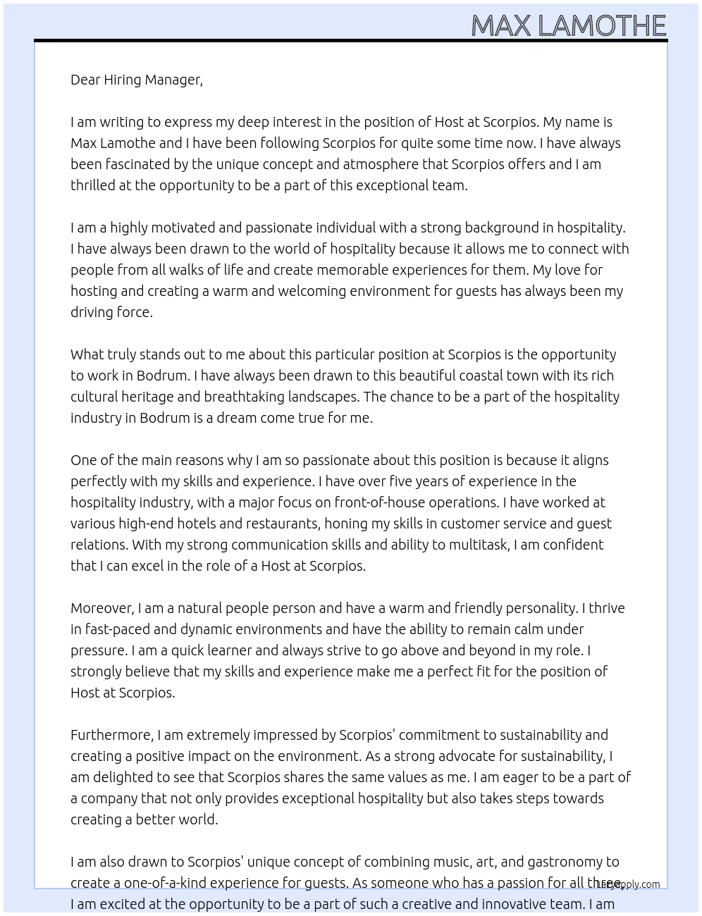 Host At Scorpios Cover Letter