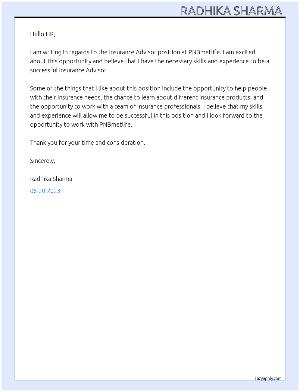 Insurance Advisor At PNBmetlife Cover Letter