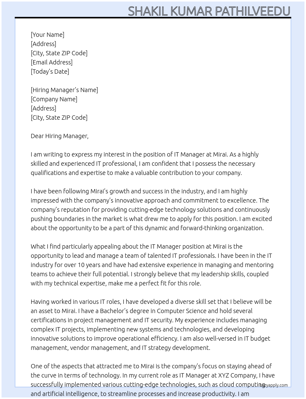IT Manager At Mirai Cover Letter