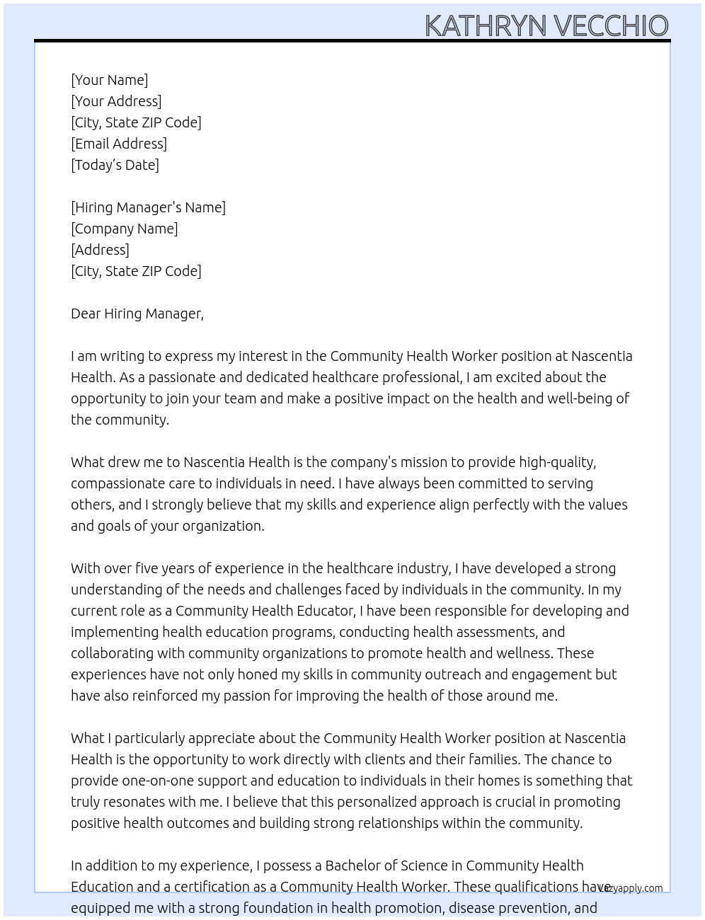 Community Health Worker At Nascentia Health Cover Letter