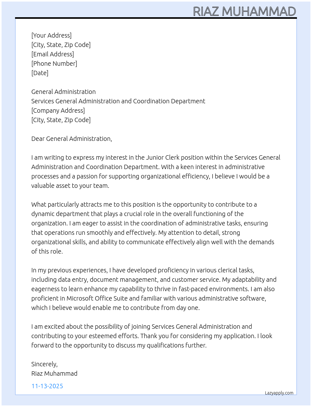 Junior Clerk At Services General Administration and coordination department Cover Letter