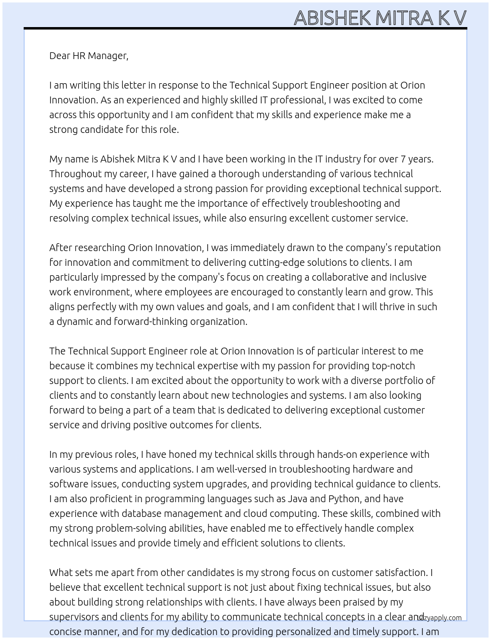 Technical Support Engineer At Orion Innovation Cover Letter