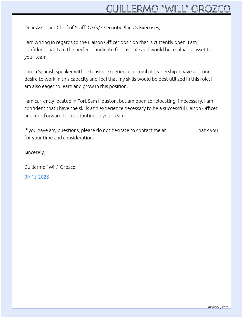 Liaison Officer At U.S. Army South Cover Letter