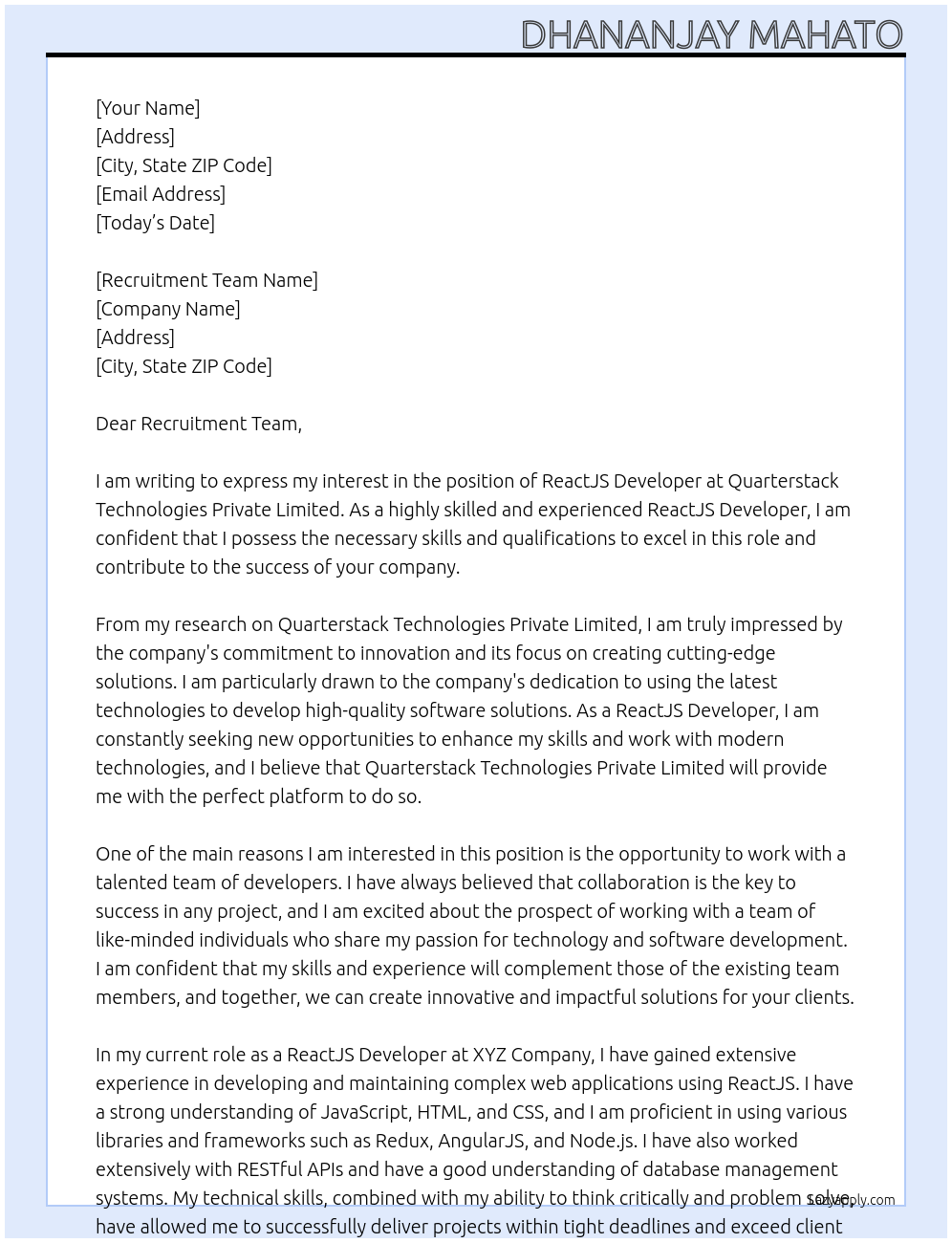 ReactJS Developer At QUARTERSTACK TECHNOLOGIES PRIVATE LIMITED Cover Letter