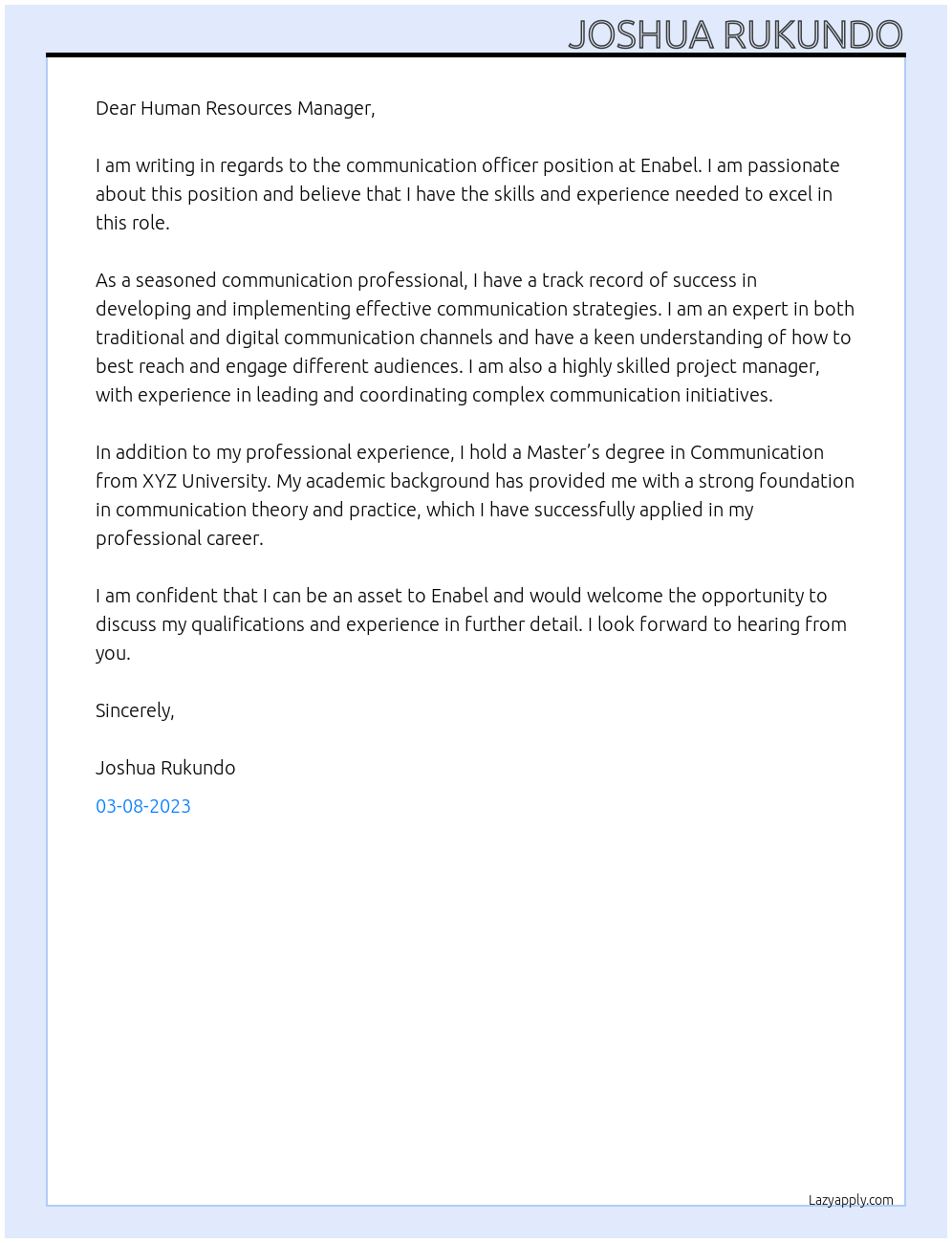 Communication Officer At ENABEL Cover Letter