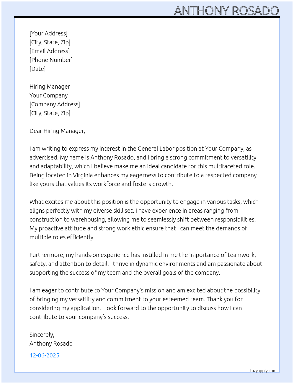 General Labor At your company Cover Letter