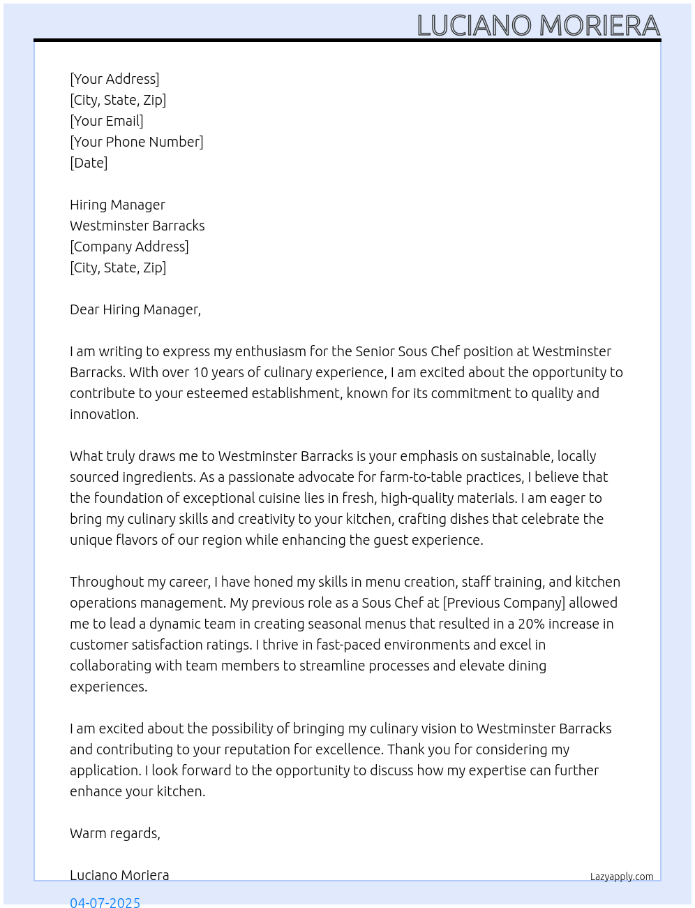 Senior Sous Chef At Westminister Barracks  Cover Letter