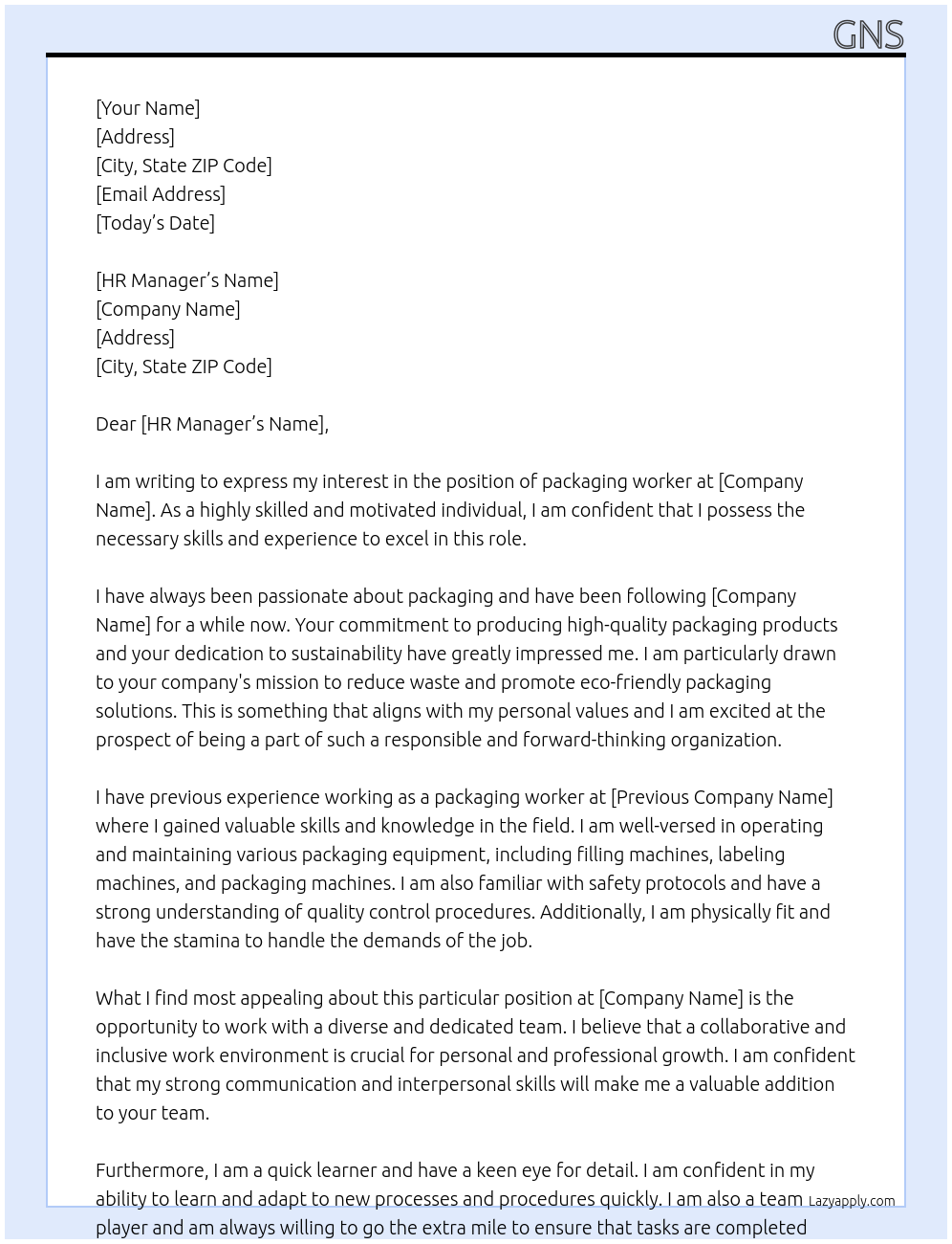 Cover letter for packaging worker - LazyApply