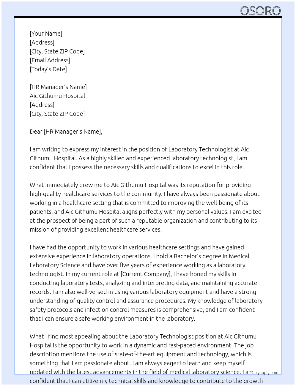 Laboratory technologist At Aic githumu hospital Cover Letter