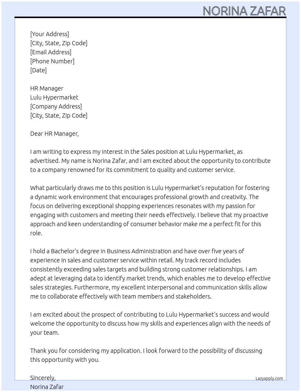 sales At lulu hypermarket Cover Letter
