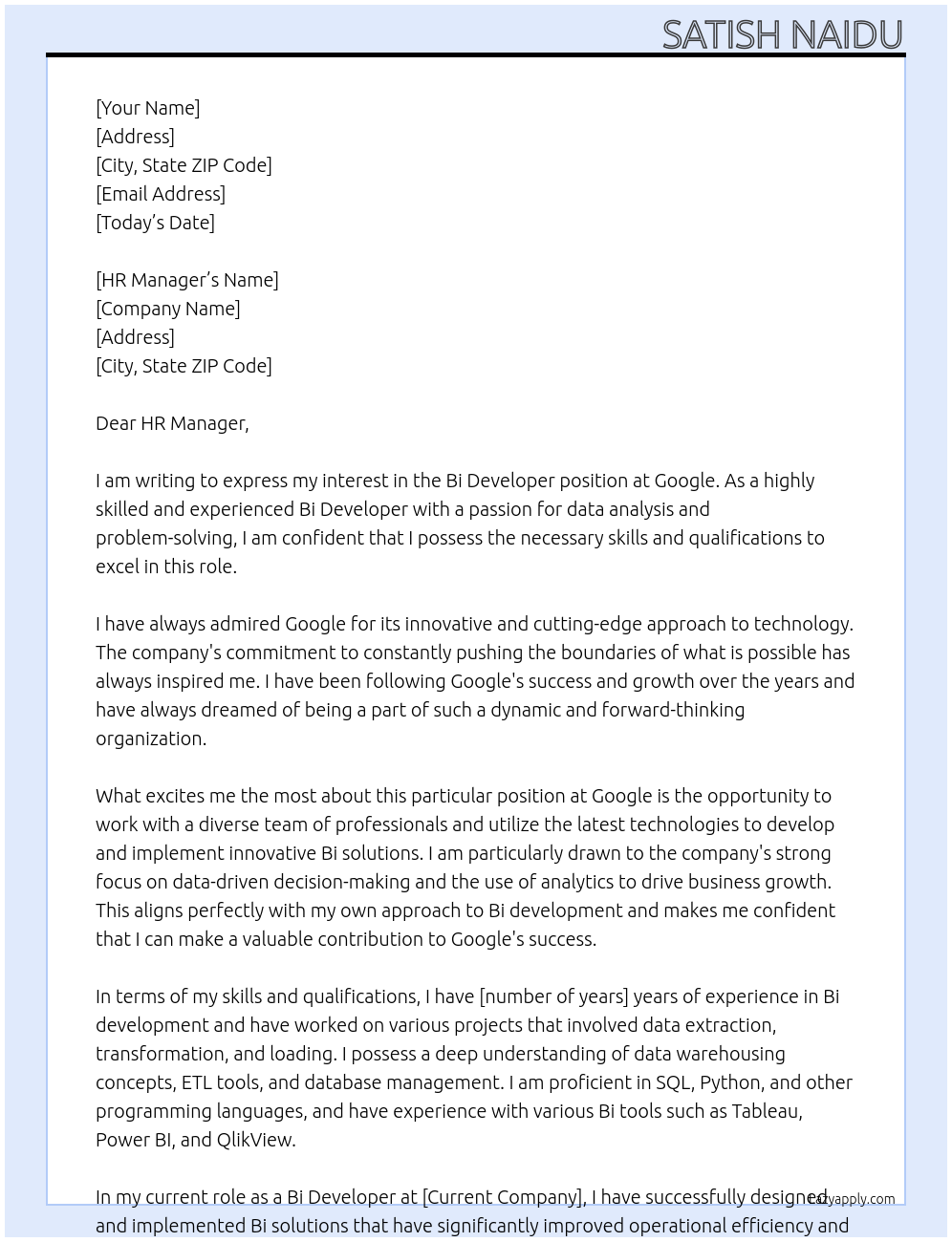 Bi Developer At Google Cover Letter