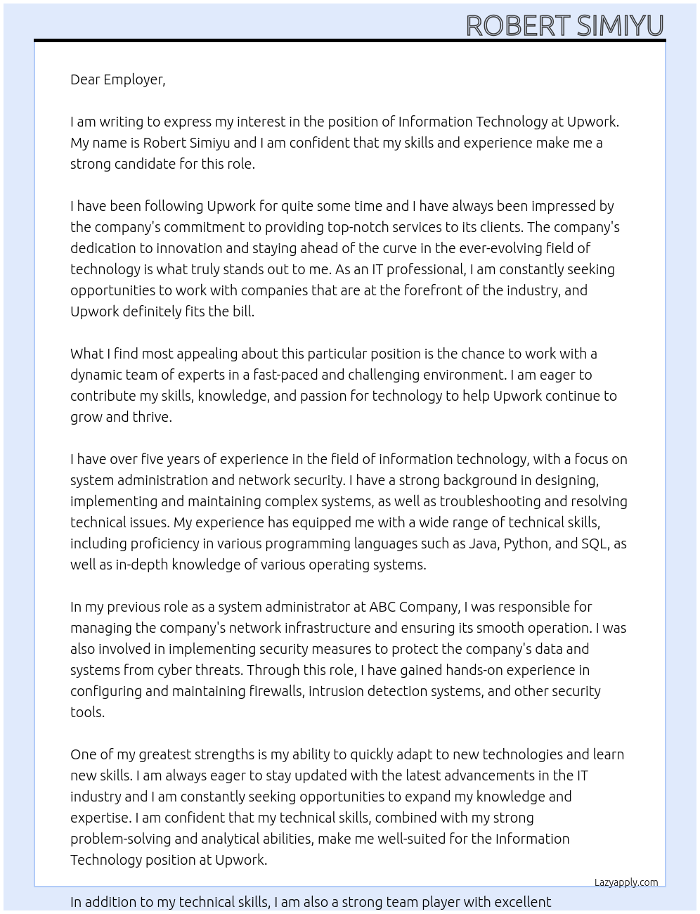 information technology At Upwork Cover Letter