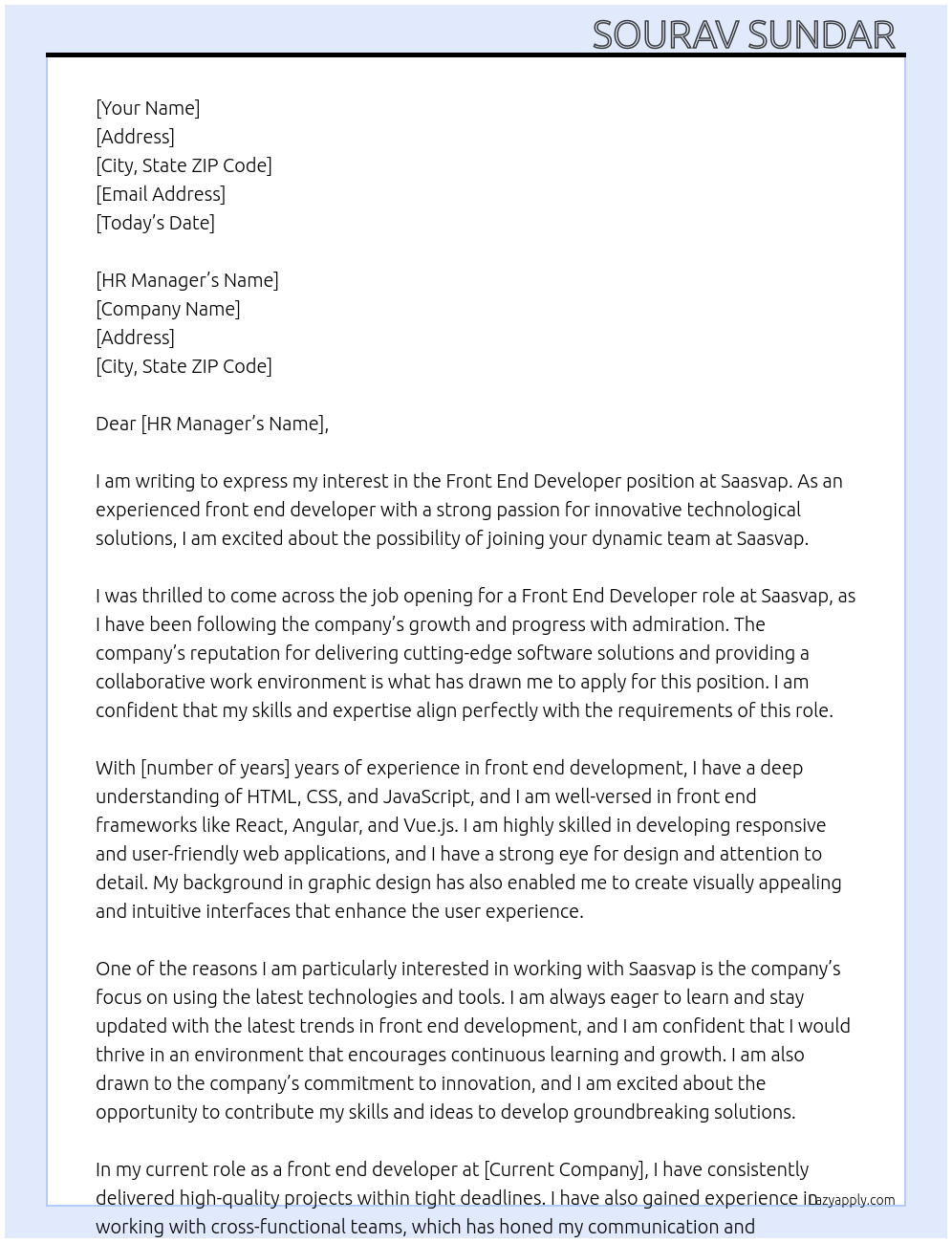 Front end developer At Saasvap Cover Letter