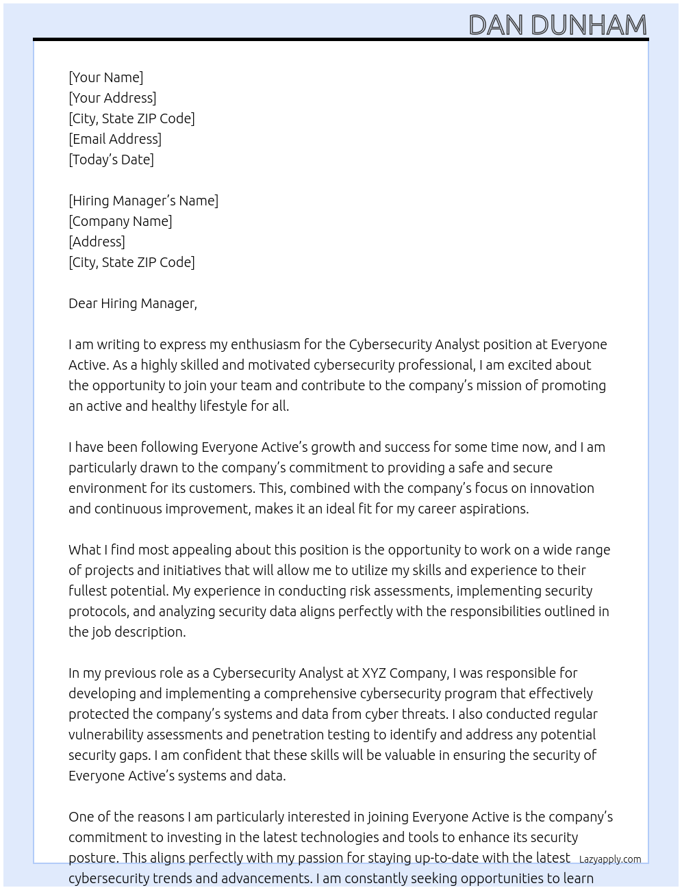 Cybersecurity Analyst At Everyone Active Cover Letter