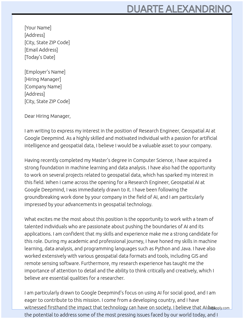 Research Engineer, Geospatial AI At Google Deepmind Cover Letter