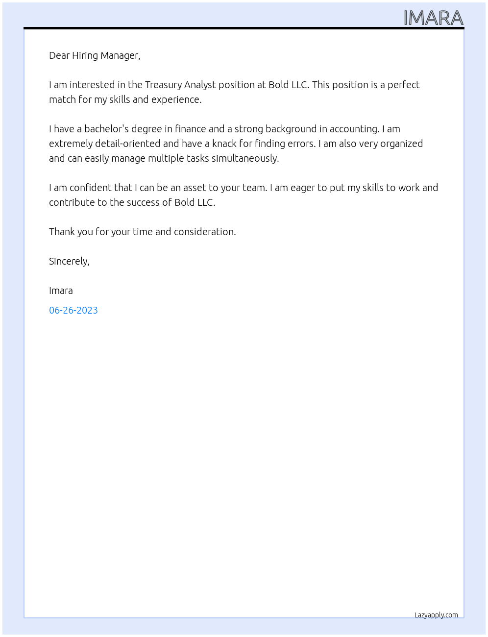 Treasury Analyst At Bold LLC Cover Letter