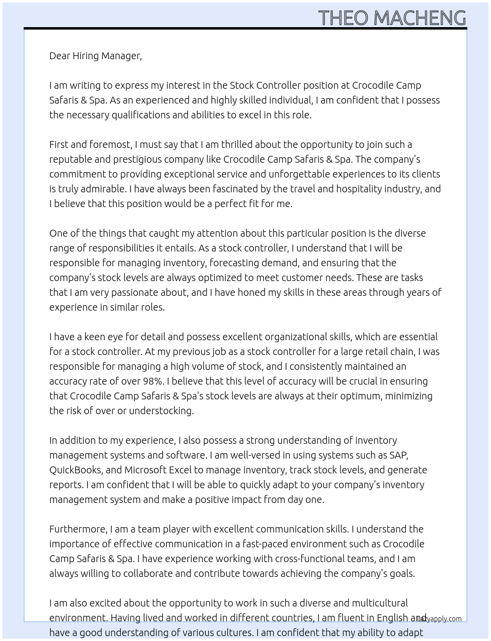 stock controller At Crocodile Camp Safaris & Spa Cover Letter