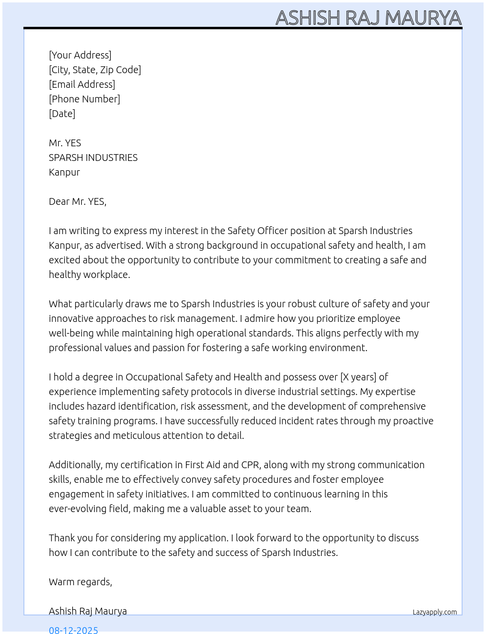 safety officer At SPARSH INDUSTRIES KANPUR Cover Letter