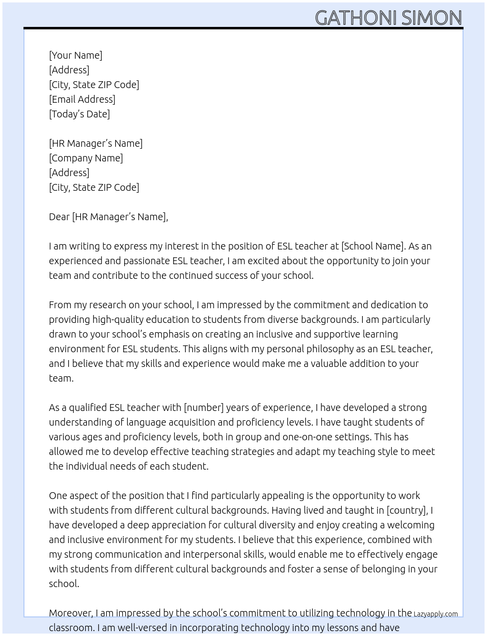 ESL teacher At school Cover Letter
