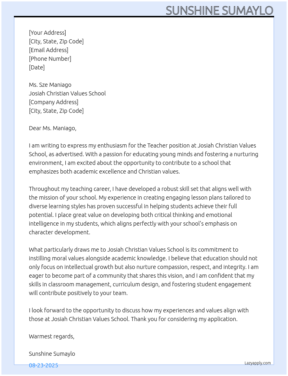 Teacher At Josiah Christian Values School Cover Letter