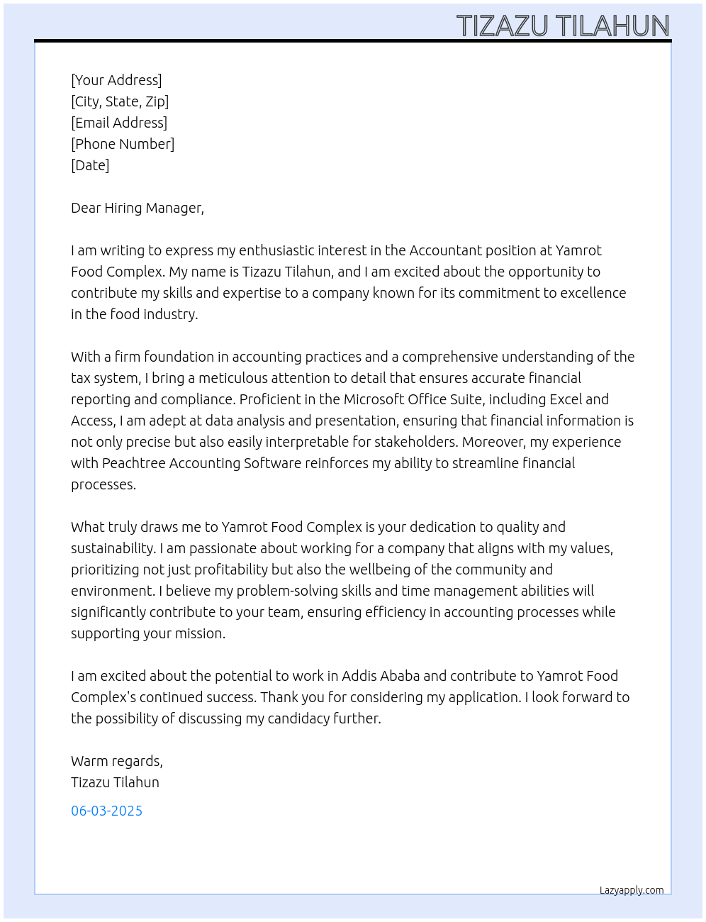 Accountant  At Yamrot Food Complex Cover Letter