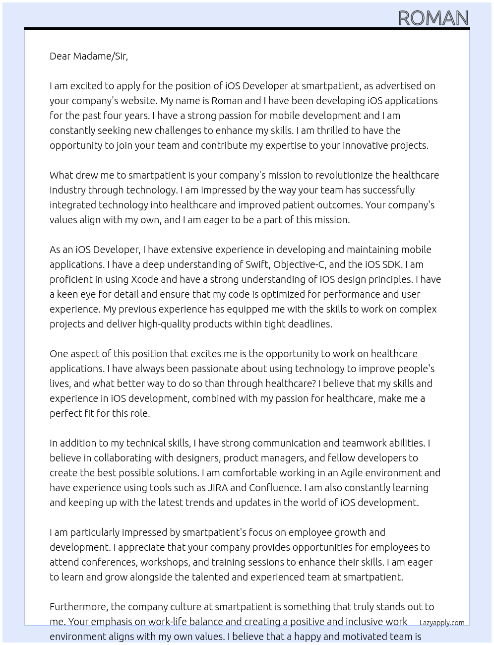 iOS Developer At smartpatient Cover Letter