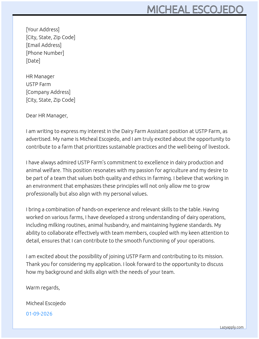 Dairy Farm Assistant At USTP FARM Cover Letter