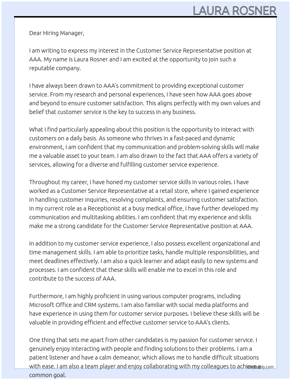 Customer Service Rep At AAA Cover Letter