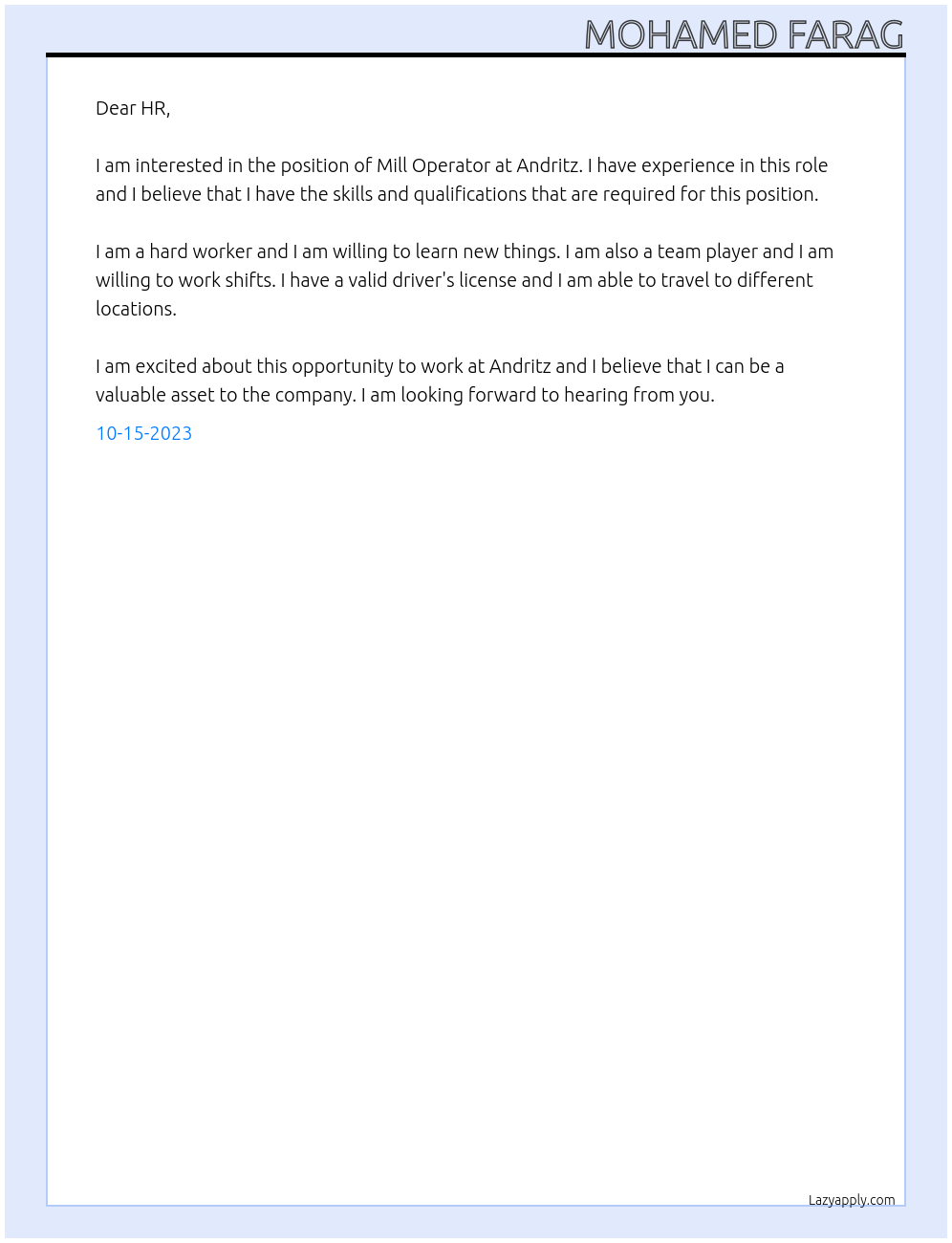 Mill Operator At Andritz Cover Letter