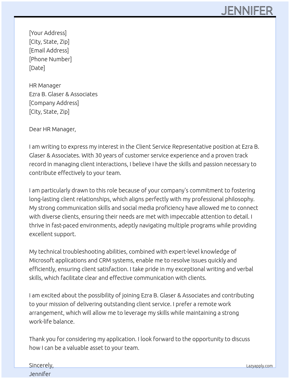 Cover letter for client service representative - LazyApply