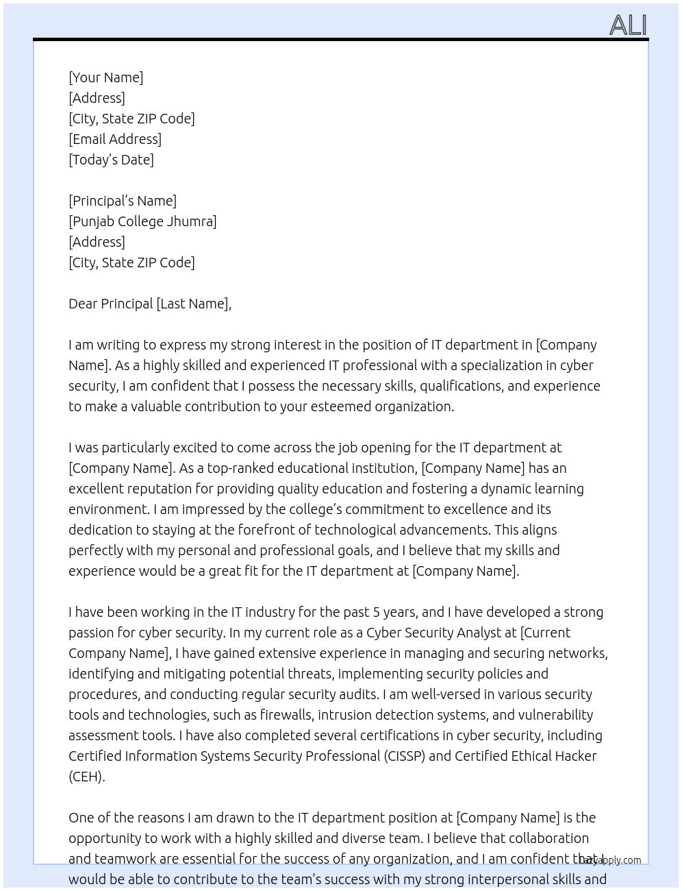 IT department  At Punjab College Jhumra  Cover Letter