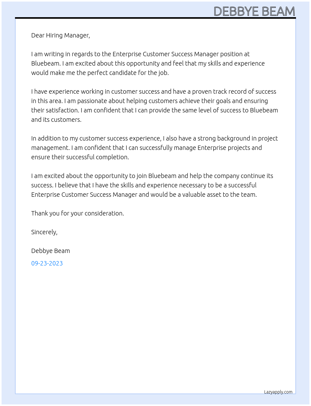 Enterprise Customer Success Manager At Bluebeam Cover Letter