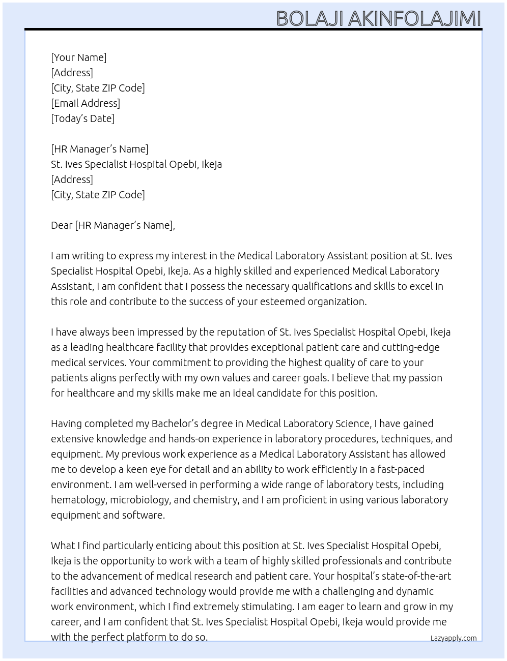 Medical Laboratory Assistant At St. Ives Specialist Hospital Opebi, Ikeja Cover Letter