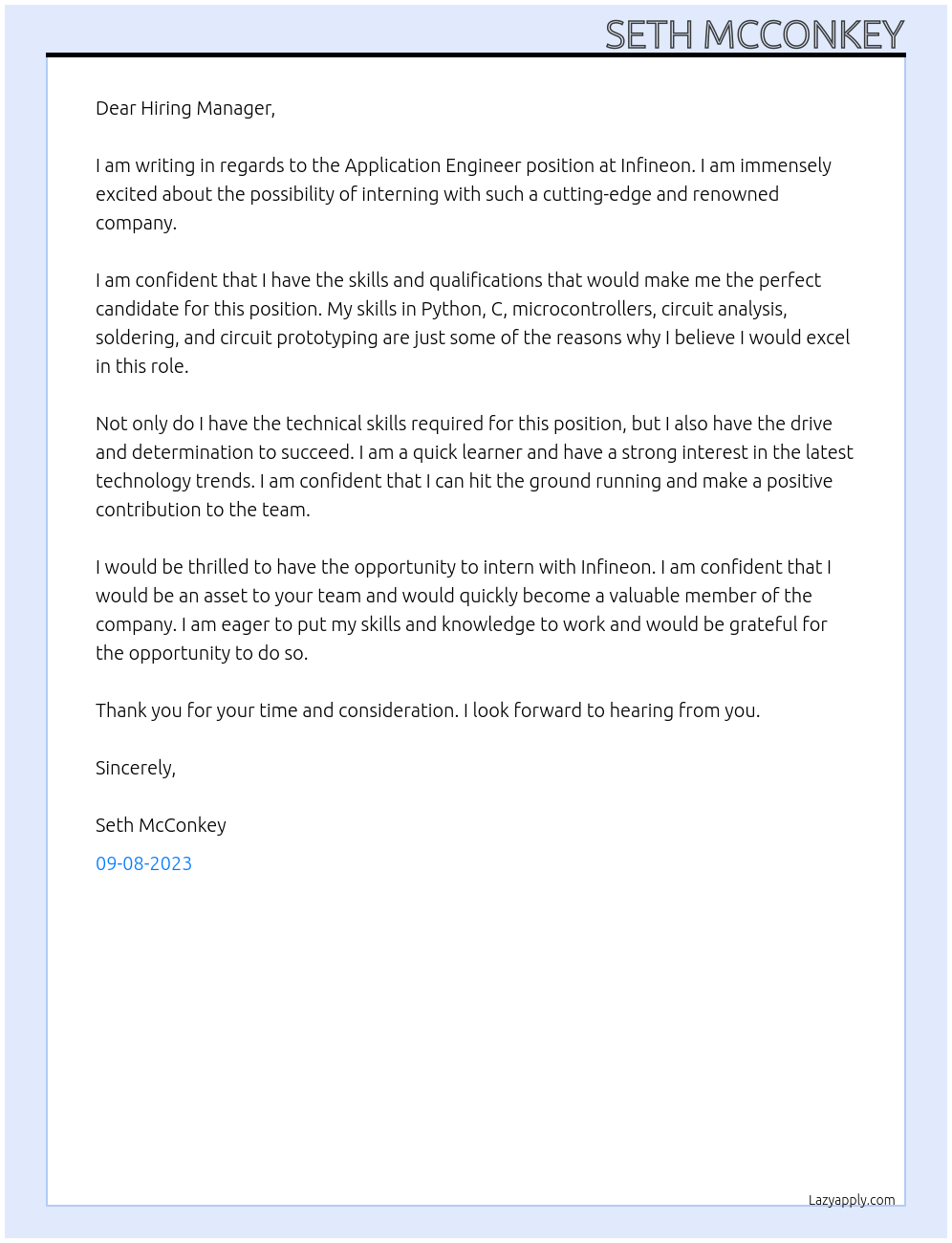 Application Engineer At Infineon Cover Letter