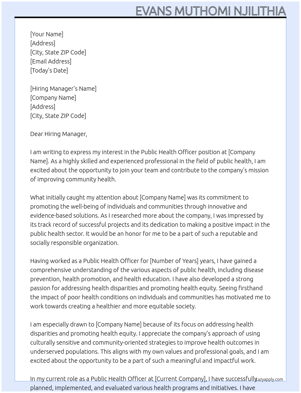 Public Health Officer At job vacancy Cover Letter